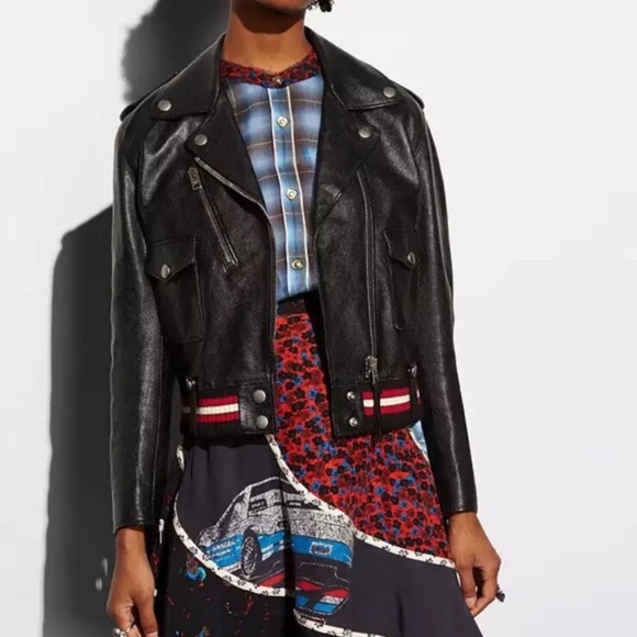 NWOT $875 COACH Black Leather Moto Motorcycle Biker Fringe Car Jacket 0 (XS) - Picture 2 of 10